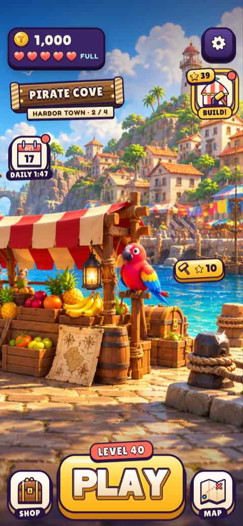 The Pirate Cove home screen: a painted harbour with a parrot, the PLAY button and the festival badge